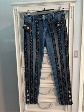 Blue Skinny Jeans with Black Sequin Vertical Stripes